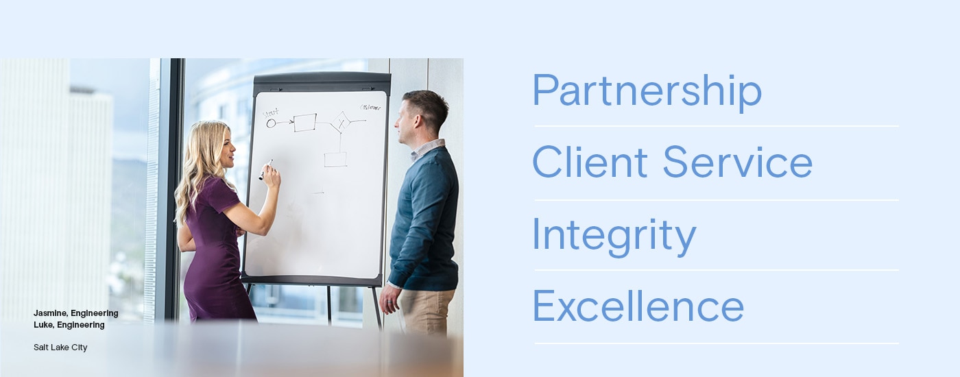 Partnership, Client Service, Integrity, Excellence. Jasmine, Engineering Luke, Engineering, Salt Lake City